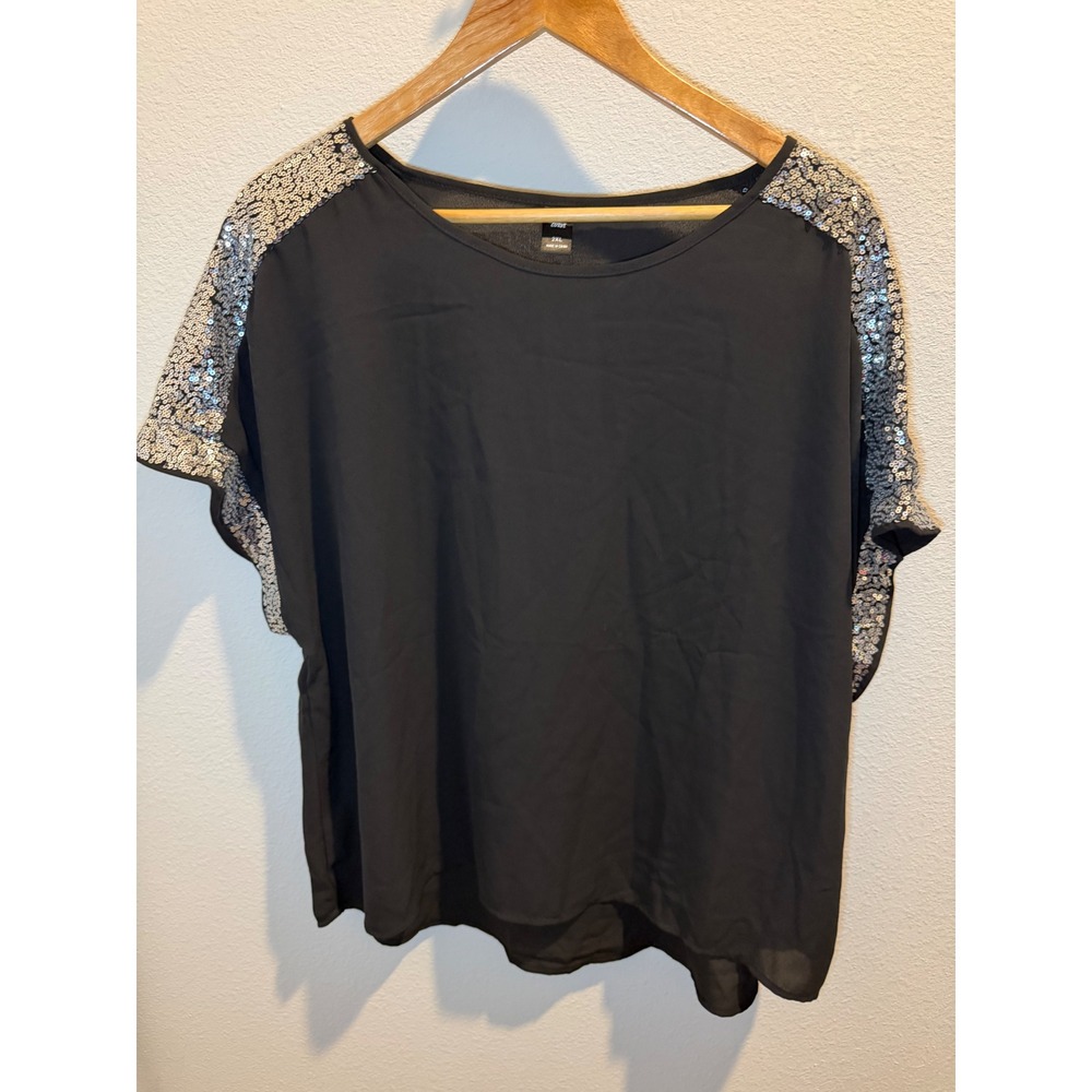 Black Short Sleeve Sequin Trim Blouse Plus Size XXL Scoop Neck Top